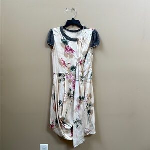 Vintage Floral Cream and Pink Women's Silk Dress